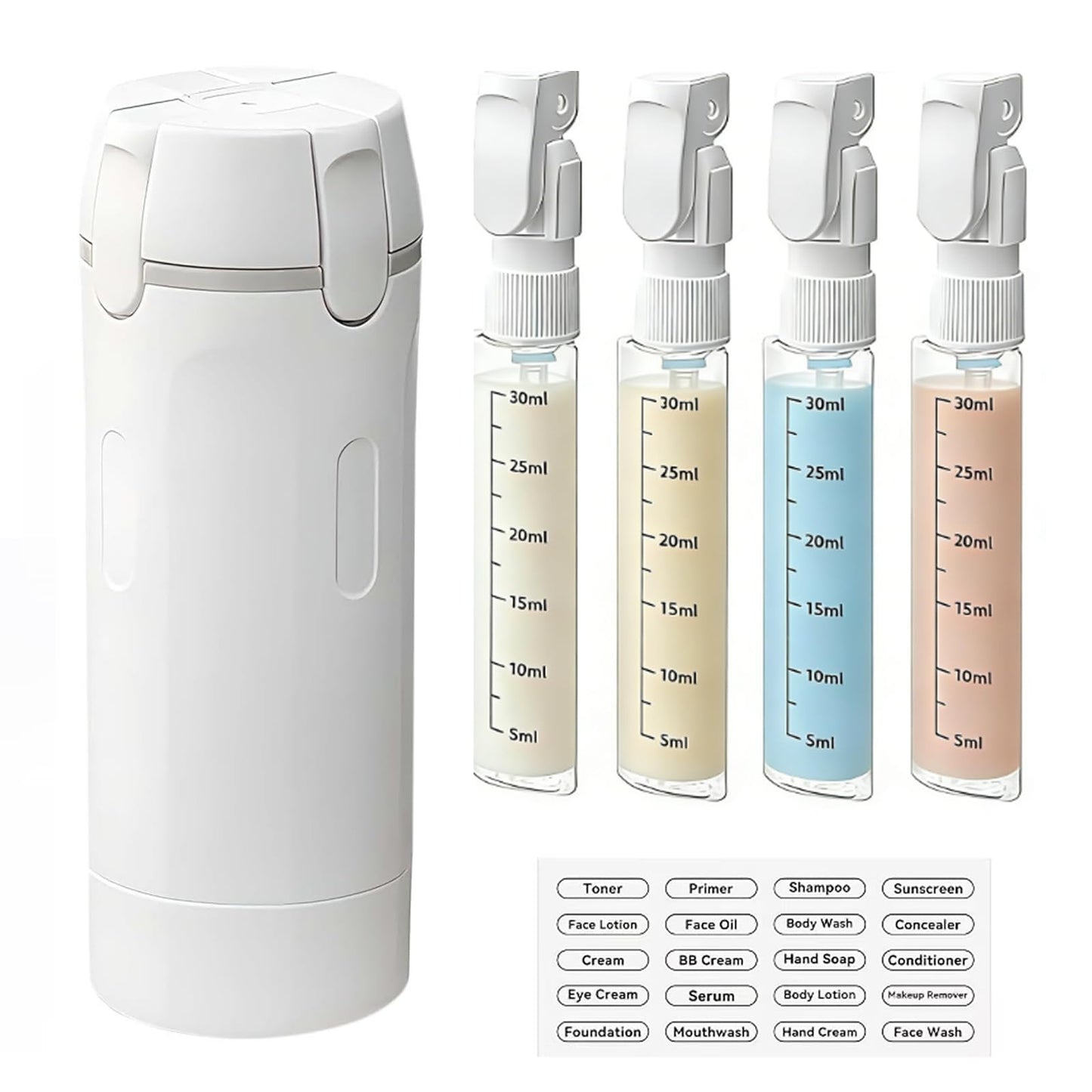 IULWJPU 4 in 1 Travel Dispenser Bottle Travel Bottle Dispenser for Toiletries TSA Approved Leakproof with 4 Pack 30Ml Travel Size Pump Bottles & Labels, Suitable for Lotion Shampoo Conditioner Cream