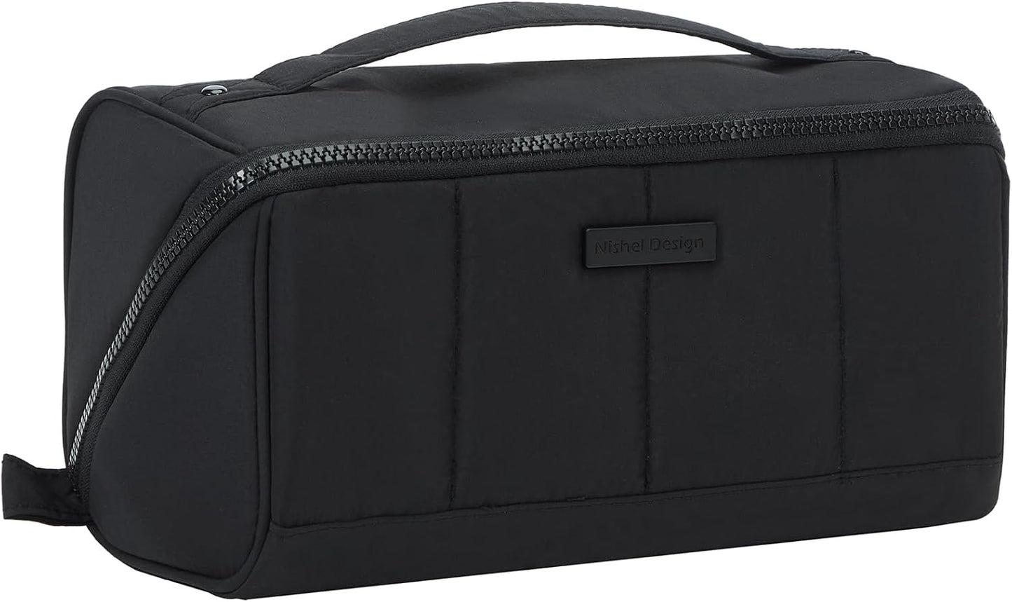Travel Makeup Bag for Women - Fluffy Lightweight Open Flat Organizer | Multiple Dividers, Beige