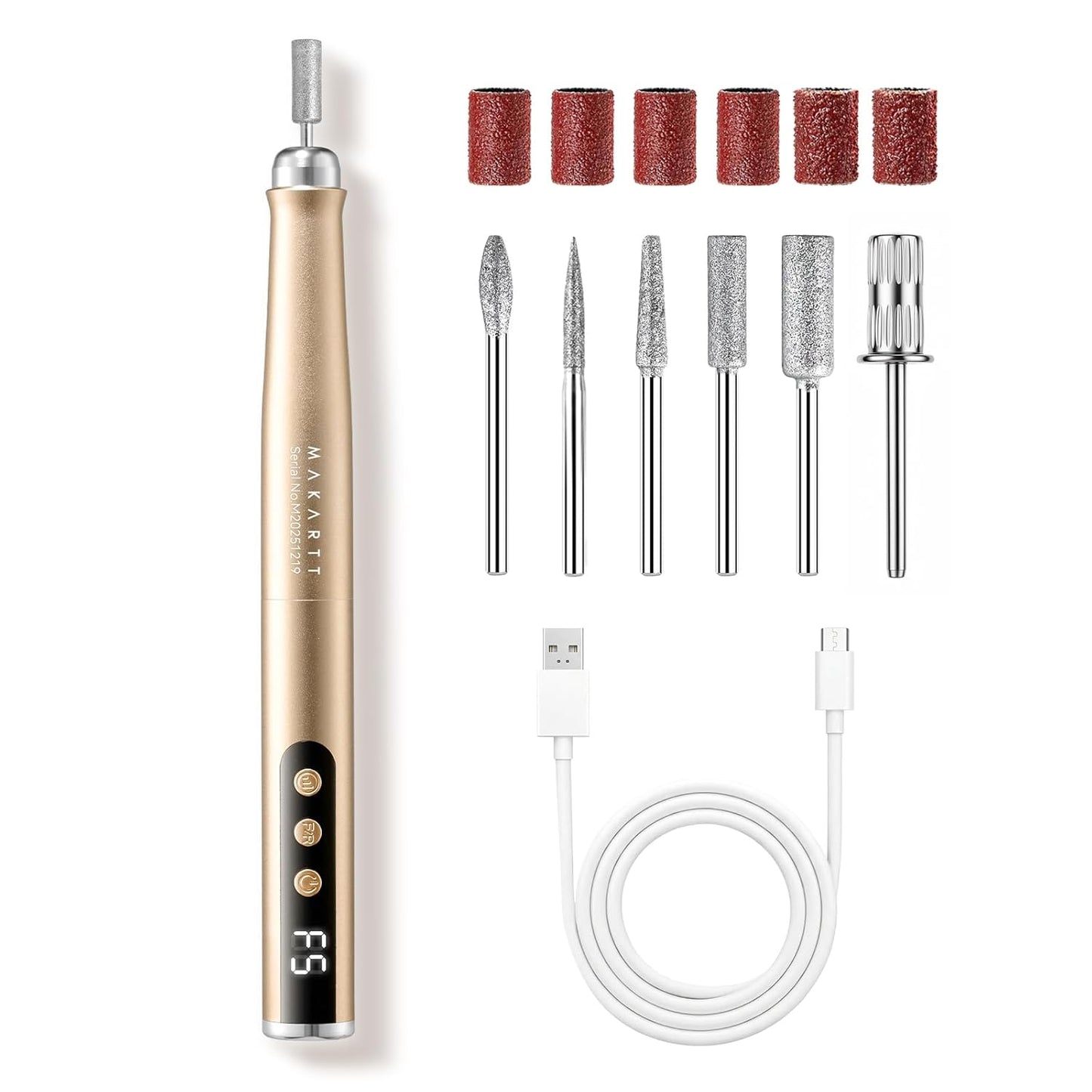 Rechargeable Nail Drill - 25,000 RPM Cordless Electric File with 5-Speed LED Display | Lightweight & Quiet E-File Kit for Gel Polish Removal (Gold)