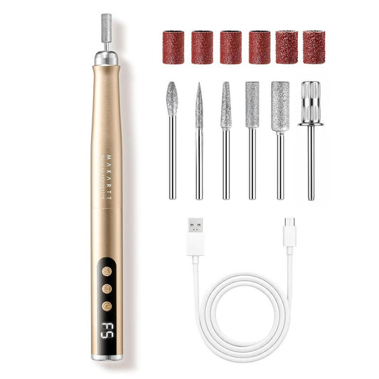 Rechargeable Nail Drill - 25,000 RPM Cordless Electric File with 5-Speed LED Display | Lightweight & Quiet E-File Kit for Gel Polish Removal (Gold)