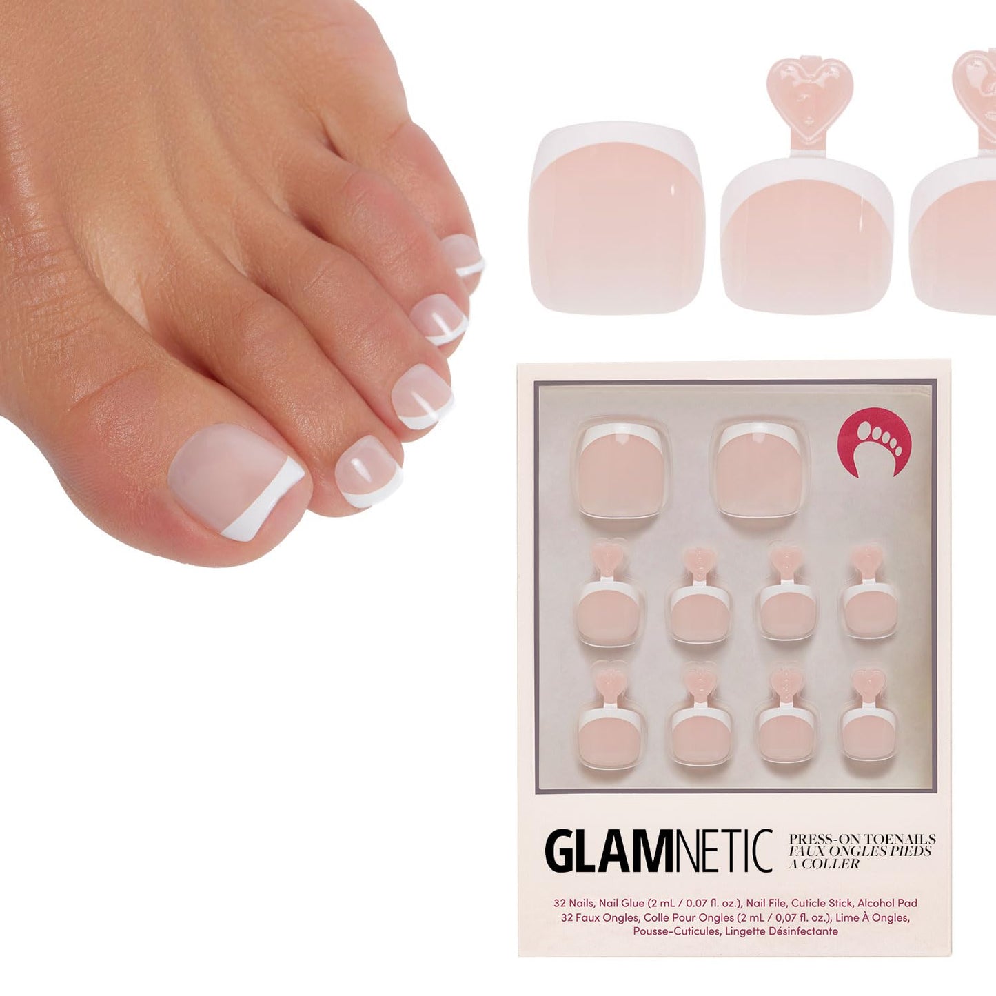 Press On Toenails - Sheer Peach Semi-Transparent Fake Toe Nails | Glossy Finish, 16 Sizes - 32 Piece Kit with Glue