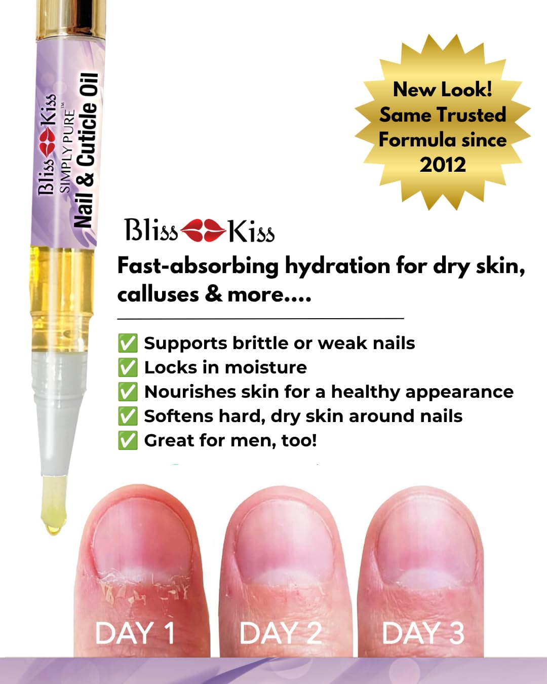 Bliss Kiss Nail Oil Cuticle Pen - Lavender Vanilla with Vitamin E & Jojoba | Nail Strengthener for Brittle Nails