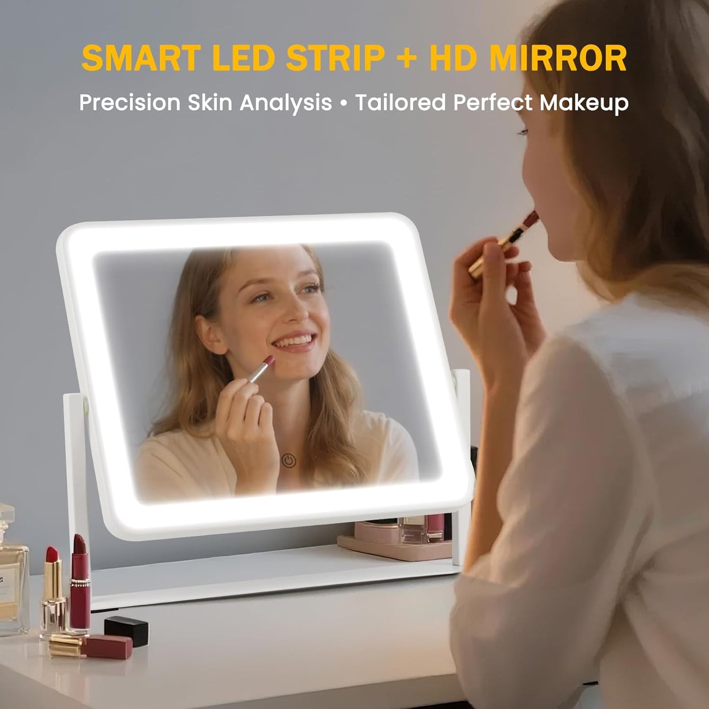 LED Makeup Mirror with Lights - 14"×12" HD Vanity Mirror | Smart Touch, 3-Color Lighting, Dimmable, 360° Rotation, White
