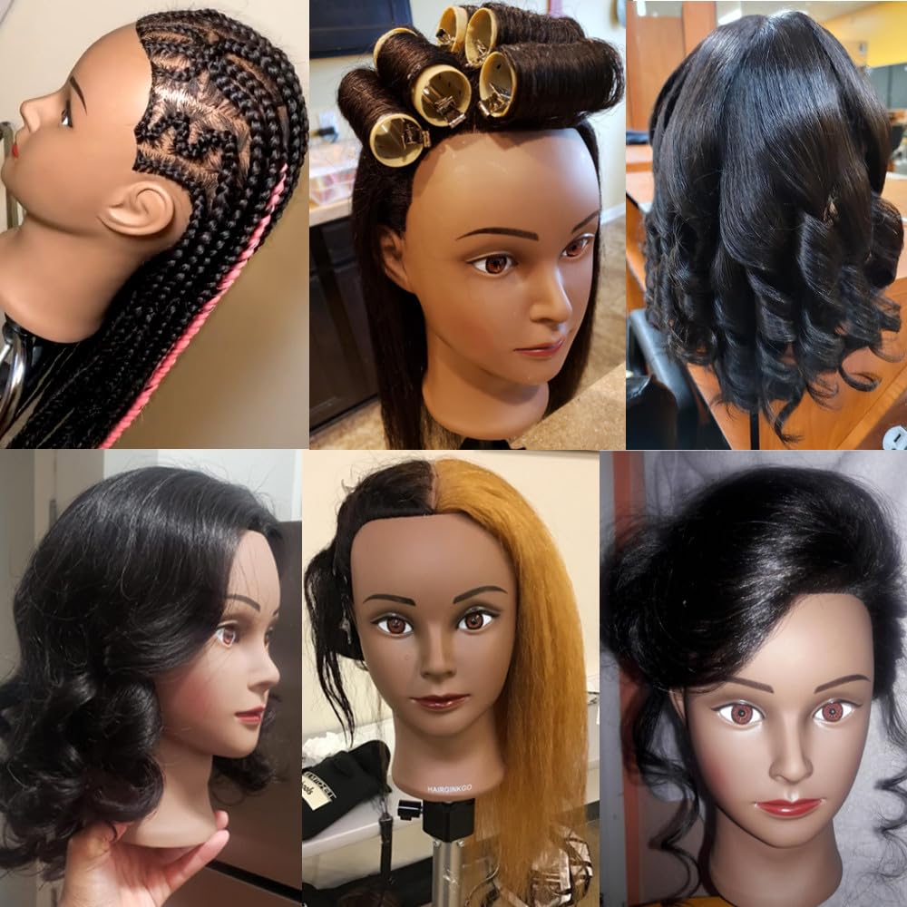Mannequin Head 100% Real Hair 16-18 Inch Training Head Manikin for Hairdresser Training and Styling Practice Cosmetology Doll Head Practice Braiding Hair - With Clamp Stand