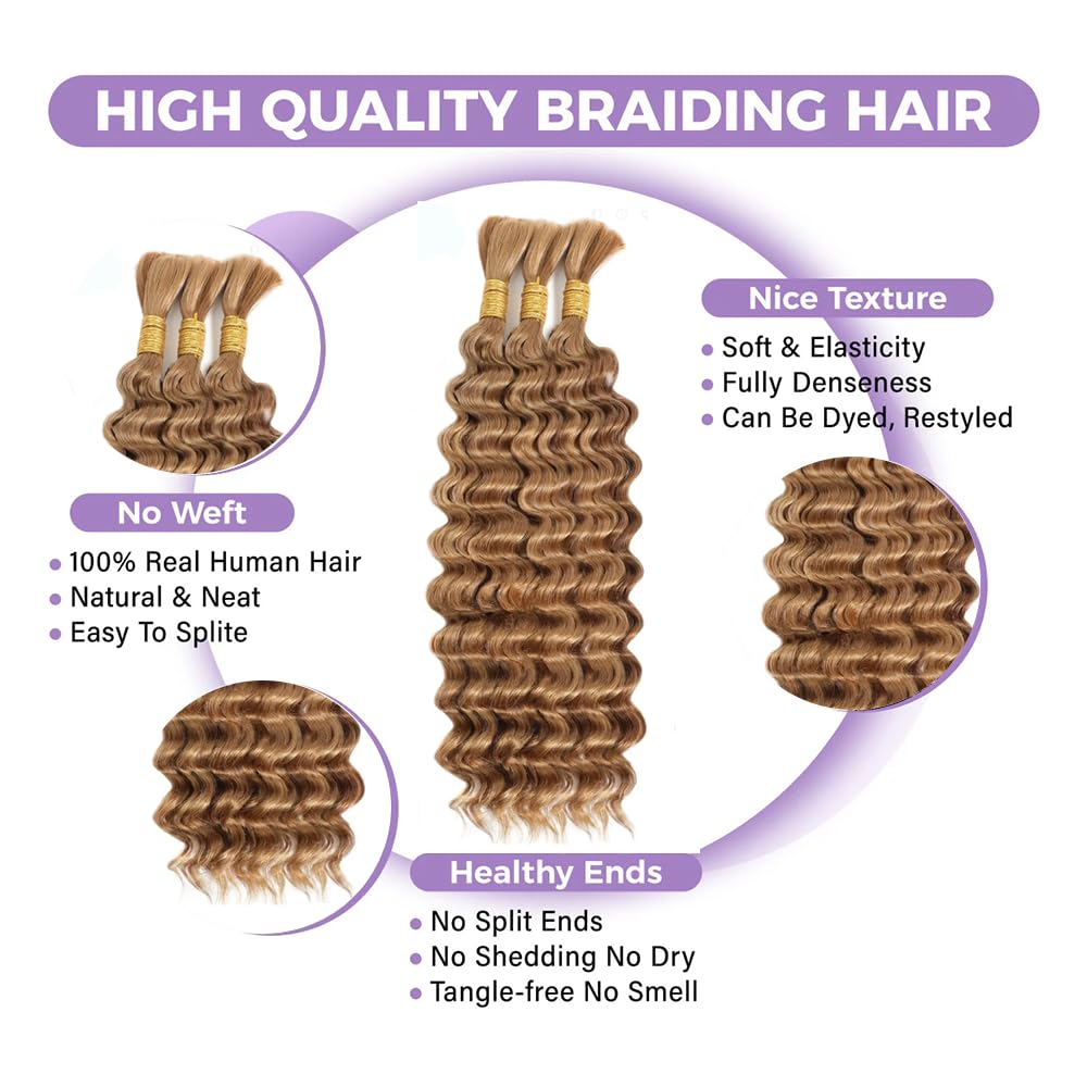 Human Braiding Hair for Boho Braids 18 Inch 110g Deep Wave Bulk Human Hair for Braiding Knotless 12A Curly Wet and Wavy Boho Bohemian Braids No Weft 3 Bundles 4/27 Color (18 Inch-110g)