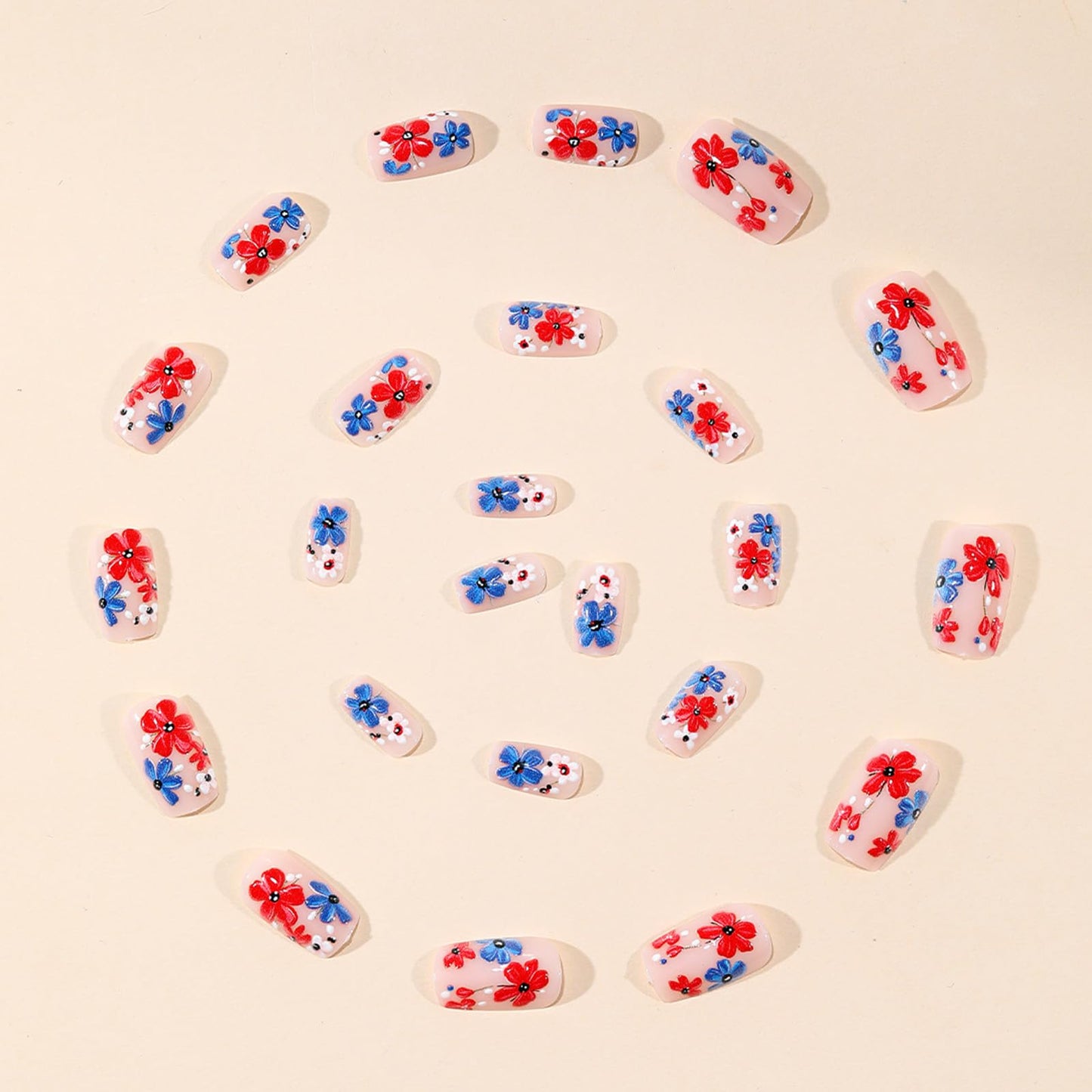 4th of July Press on Nails Medium Square Fake Nails with Red White Blue Flower Designs Glossy Acrylic Nails Press ons, 24Pcs Patriotic Independence Day Stick on Nails for Women Manicure