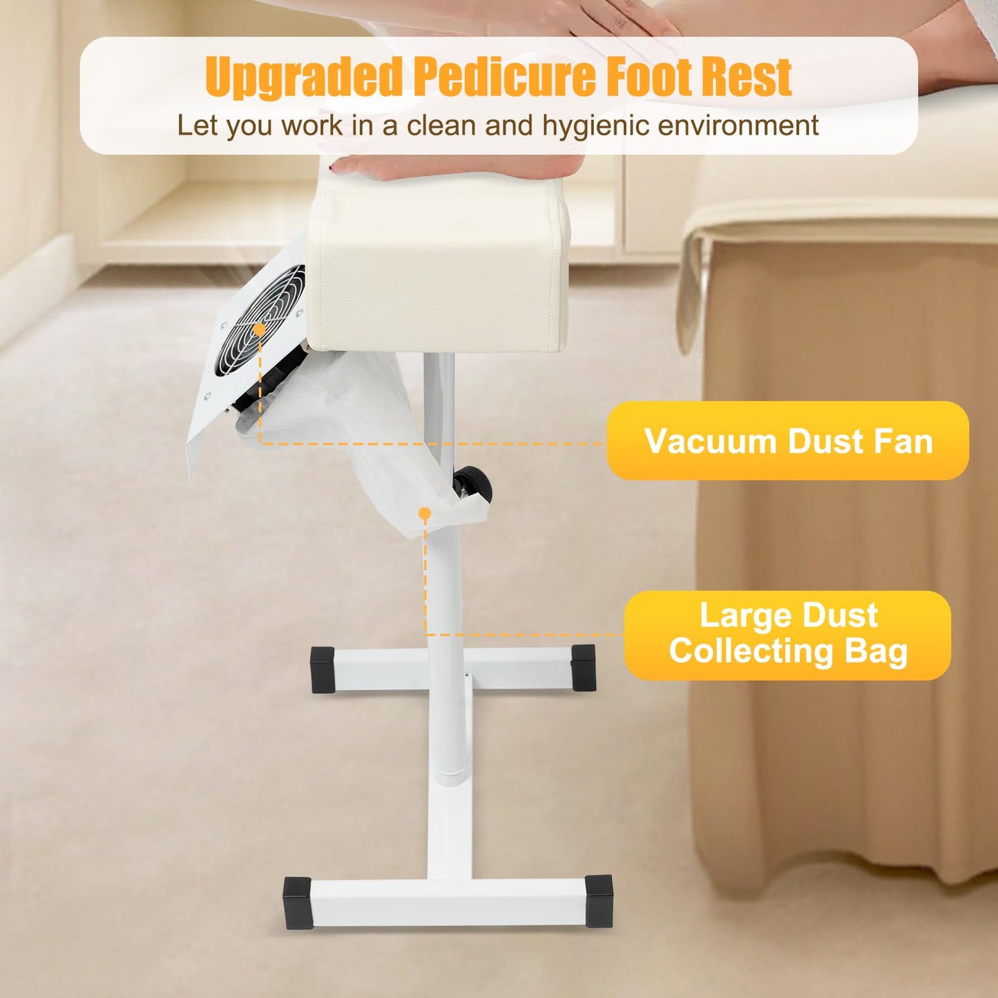 choayun Pedicure Foot Stool Stand, Height Adjustable Pedicure Manicure Footrest with Dust Extractor Fan & Bag, Non-Slip Pedicure Chair for Foot Massage Nail Beauty Salon Spa Tattoo (White)