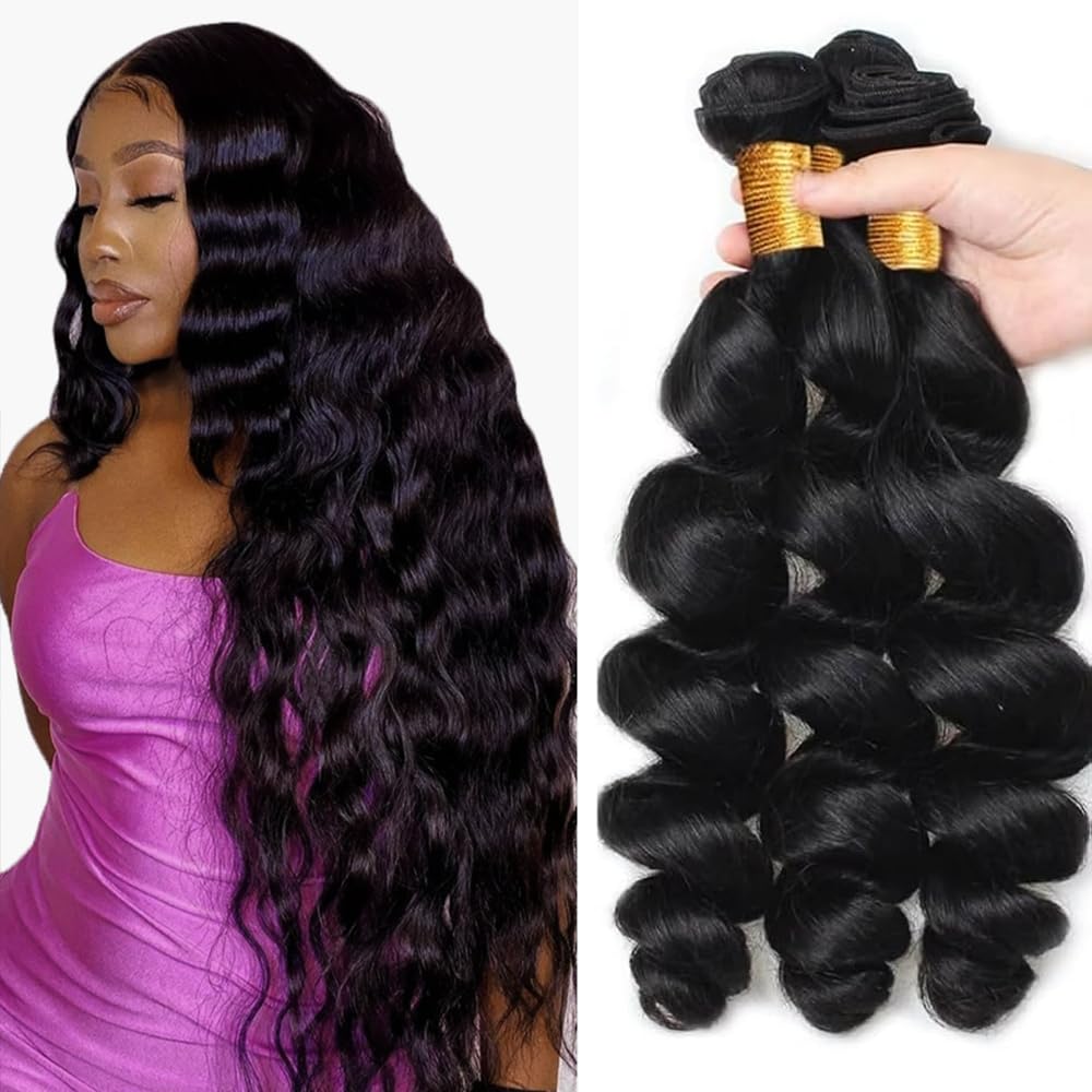 #1B Human Hair Bundles Loose Wave Bundles 14 16 18 Inch Unprocessed Brazilian Virgin Hair Natural Color Loose Deep Wave Bundles 3 Bundle 50 Gram Per Bundle Deals Quick Weave Hair Extensions