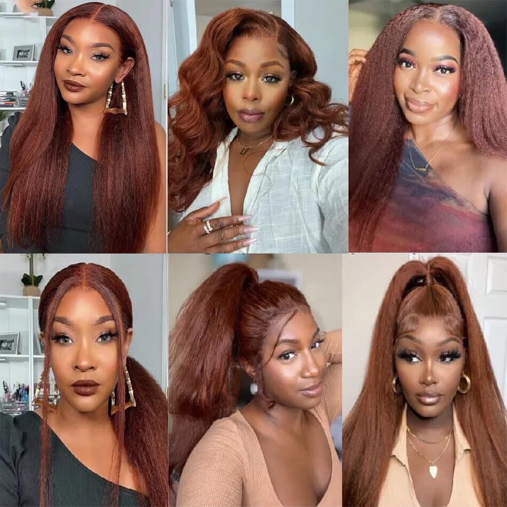 Color 33 Copper Red Kinky Straight Bundles Human Hair Reddish Brown Yaki Straight Bundles Double Weft Brazilian Virgin Reddish Brown Human Hair Extensions Silky and Soft for Black Women 10 12 14 inch