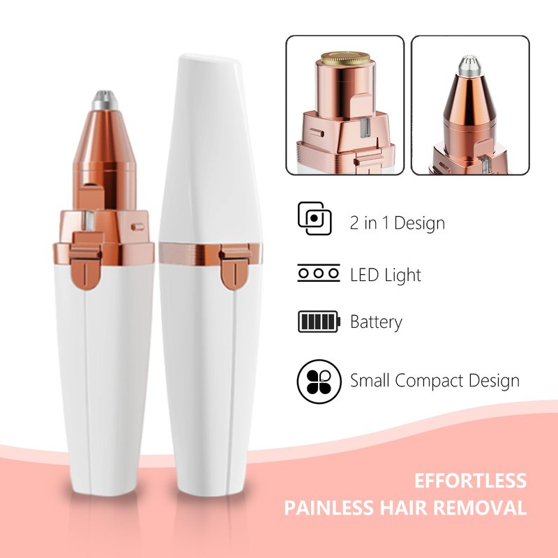 Facial Hair Remover, Eyebrow Trimmer, Portable 2 in 1 Razor & Portable Electric Shaver Painless for Women, Hair Removal Device with Led, Womens Facial Hair Shaver for Eyebrows（Batteries Not Included）