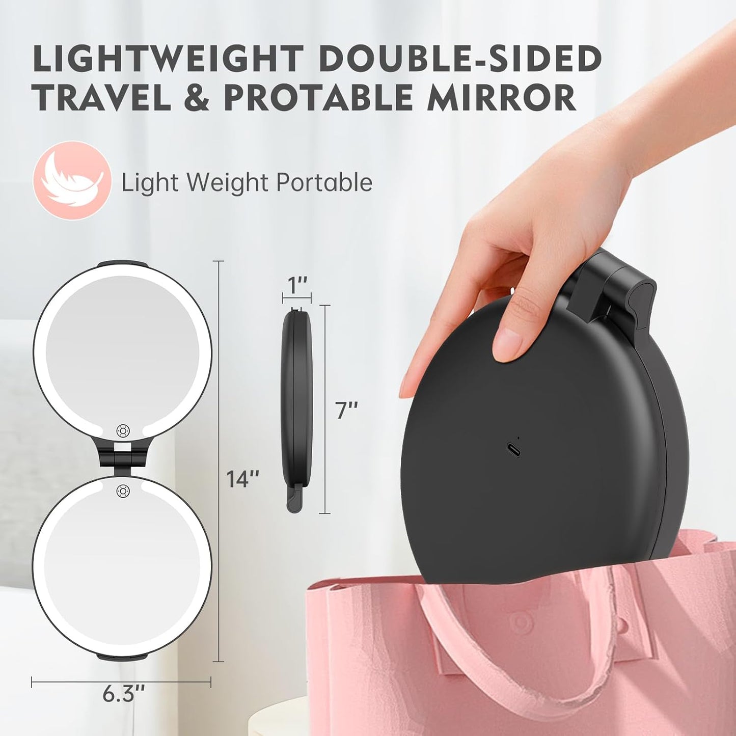 Travel Mirror with Light - 1X/10X Rechargeable Makeup Mirror | 7'' Double-Sided, 3 Color Lighting Modes, Portable Vanity - Black