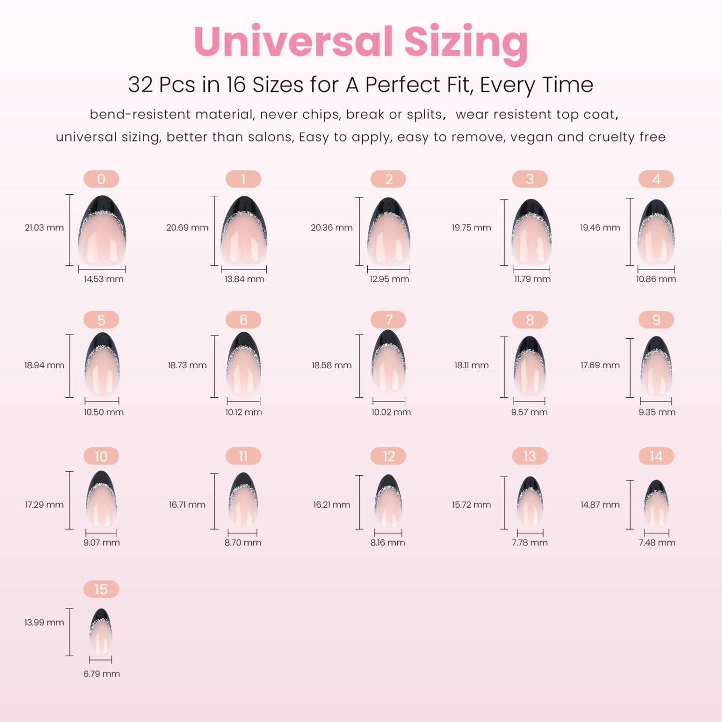 Press On Nails - Black Glitter French Tip Almond Shape | Reusable Glossy Finish in 16 Sizes - 32 Nail Kit for Women