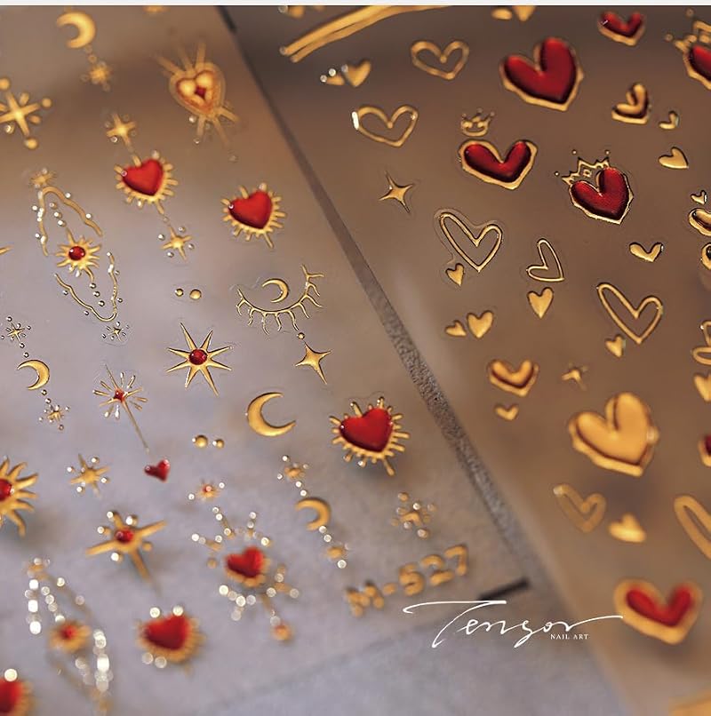 5D Embossed Gold Star & Heart Nail Stickers for Valentine's Day