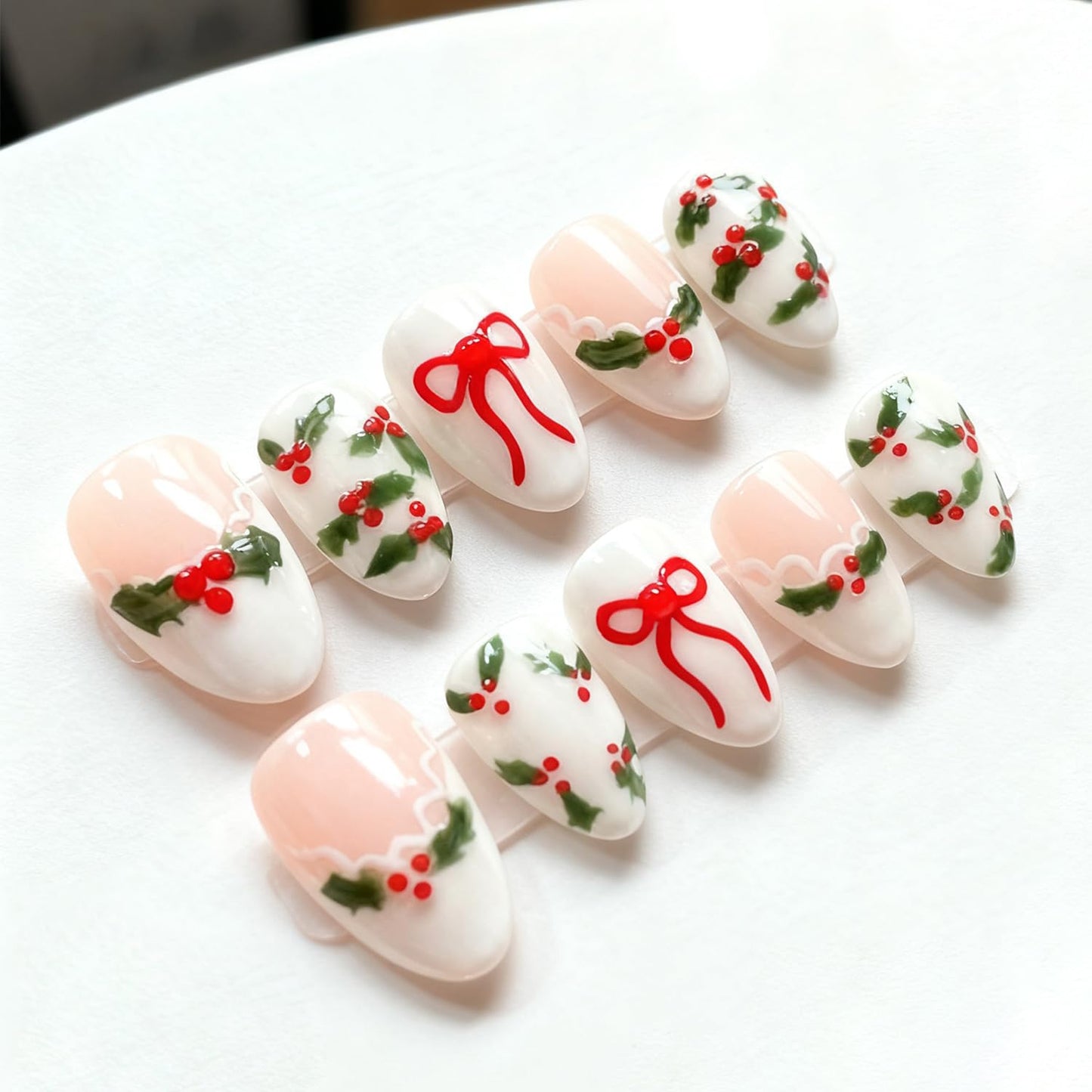 3D Christmas Press-On Nails - Medium Almond Acrylic with Rhinestones | 24 Pcs Winter Snowflake Designs