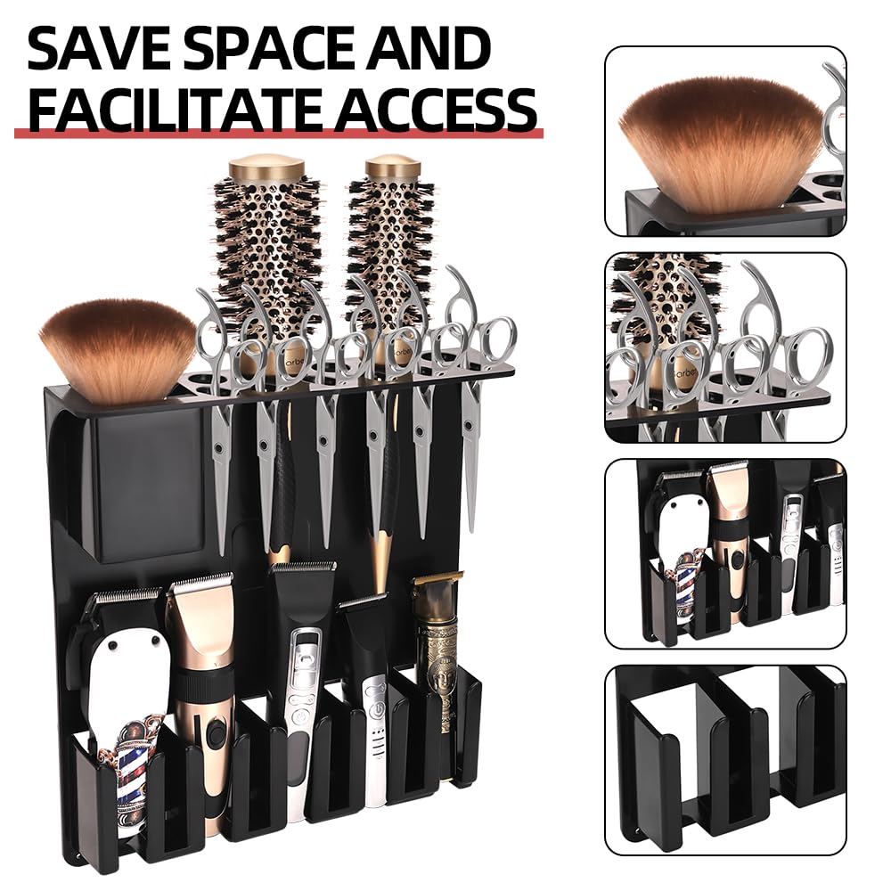 Clipper Holders Barbers Organizer, 13" x 12" x 3" Wall-Mounted Multi-Functional Hair Styling Tool Storage Stand for Clipper, Scissors, Comb, Curling Irons - for Salon, Home Bathrooms, with Screws Kit