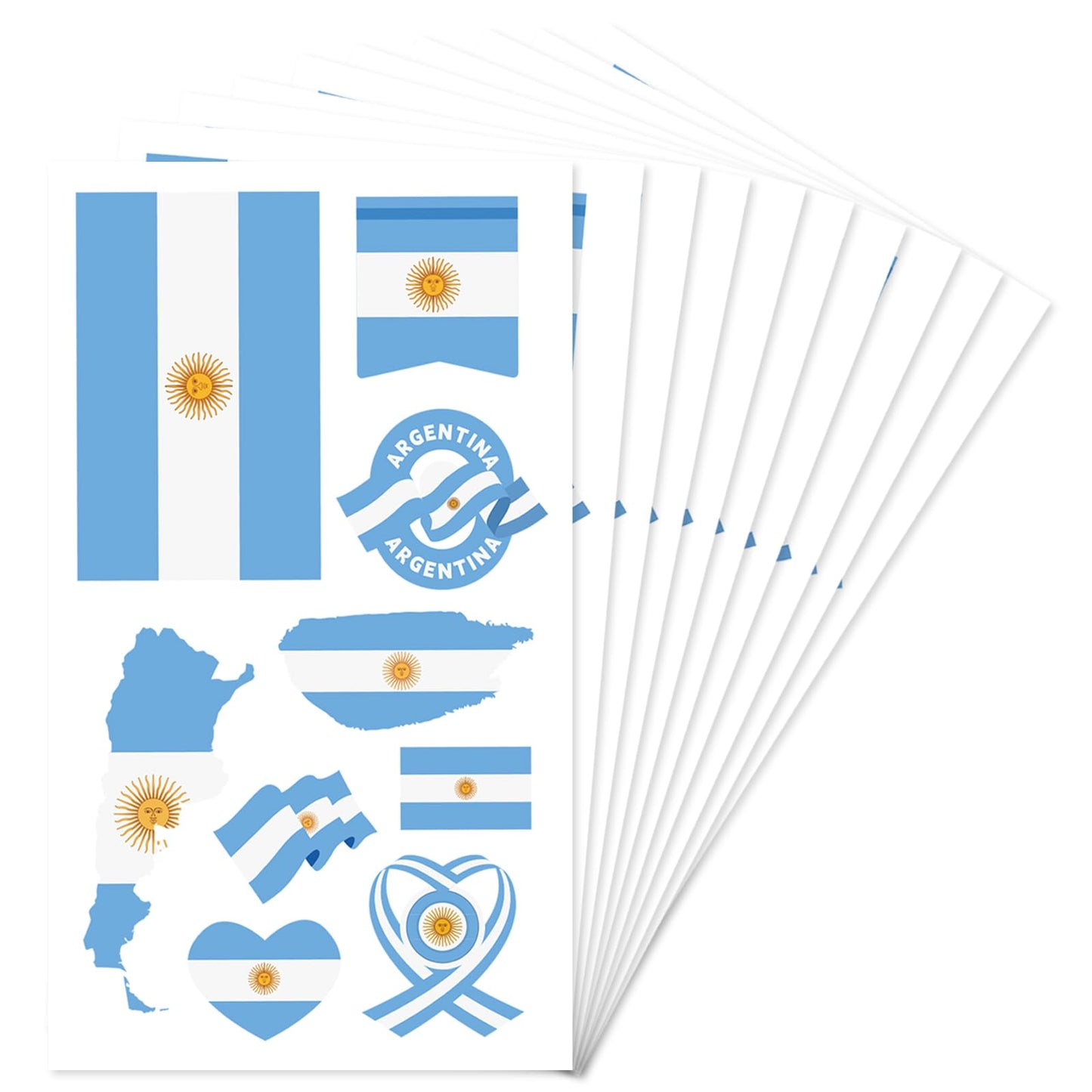 90 PCS Argentine Flag Temporary Tattoos for Adults Kids, 10 Sheets Argentina National Team Stickers, Waterproof Face Body Art for World Cup Soccer Events Fan Supplies