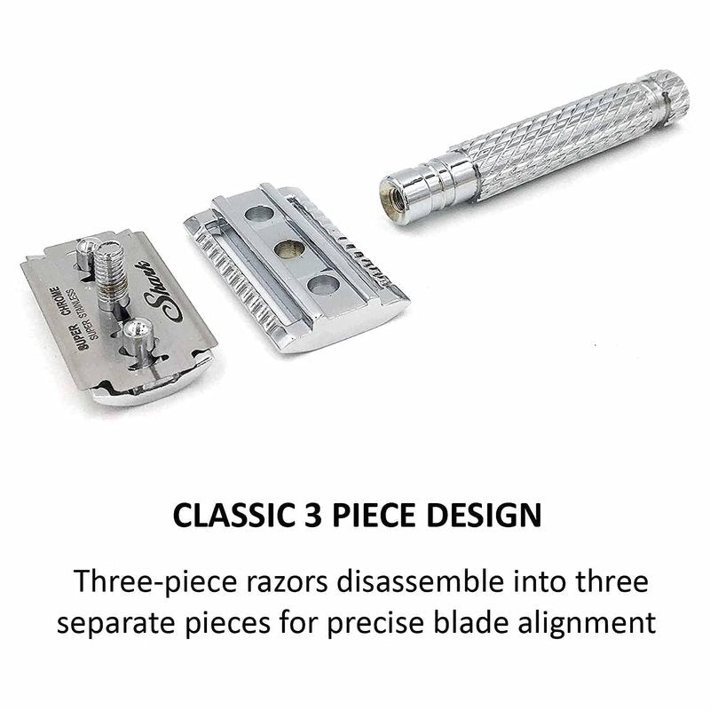 Parker 94R “Hefty” Double-Edge Safety Razor with Standard-Length Handle + 5 Premium Blades – Chrome-Plated Brass, Three-Piece Design, Balanced Weight for Classic Wet Shaving
