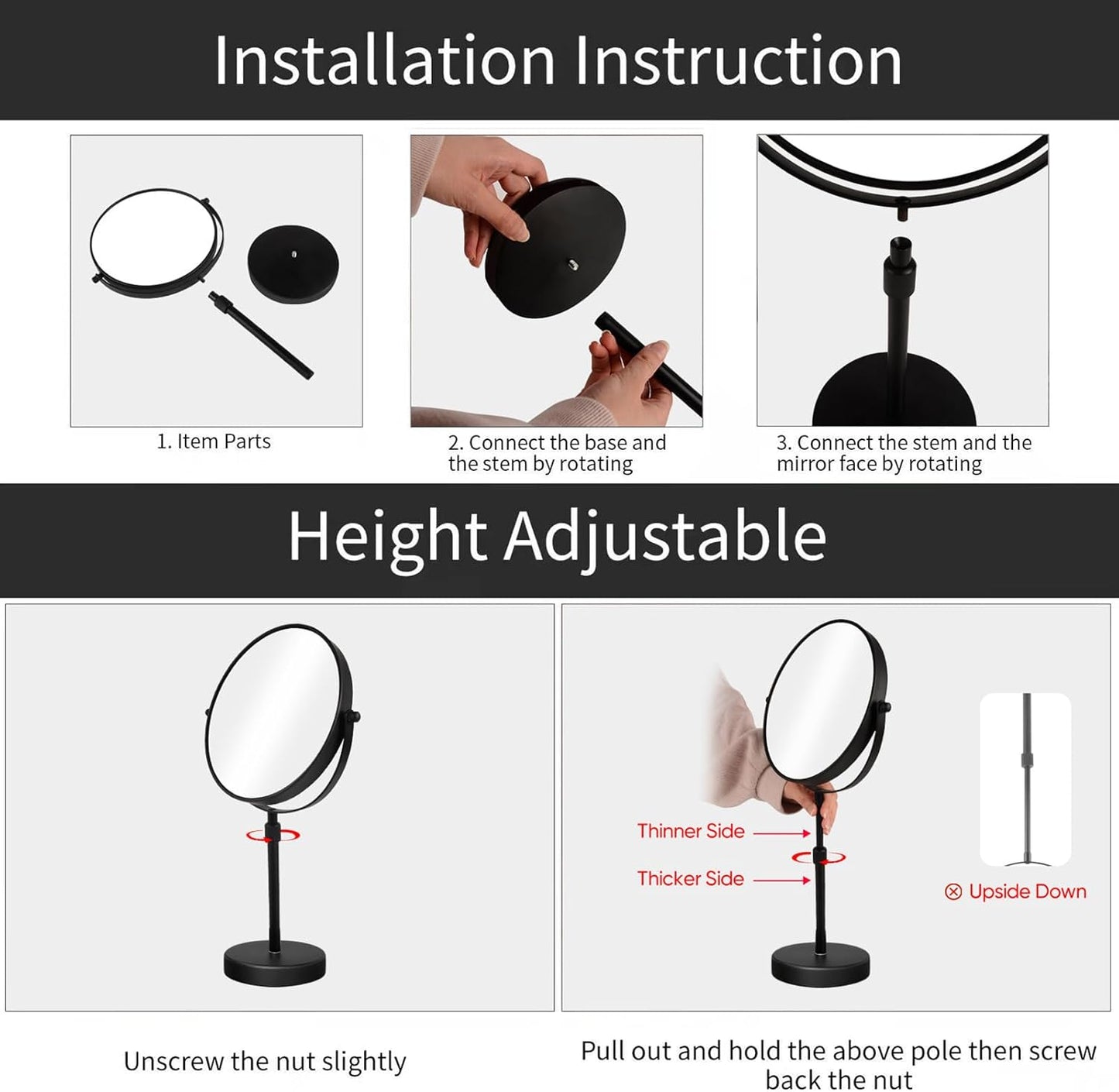 Adjustable 8-Inch Makeup Mirror - 5X Magnification, Double-Sided, Matte Black Finish | Perfect for Countertop Use