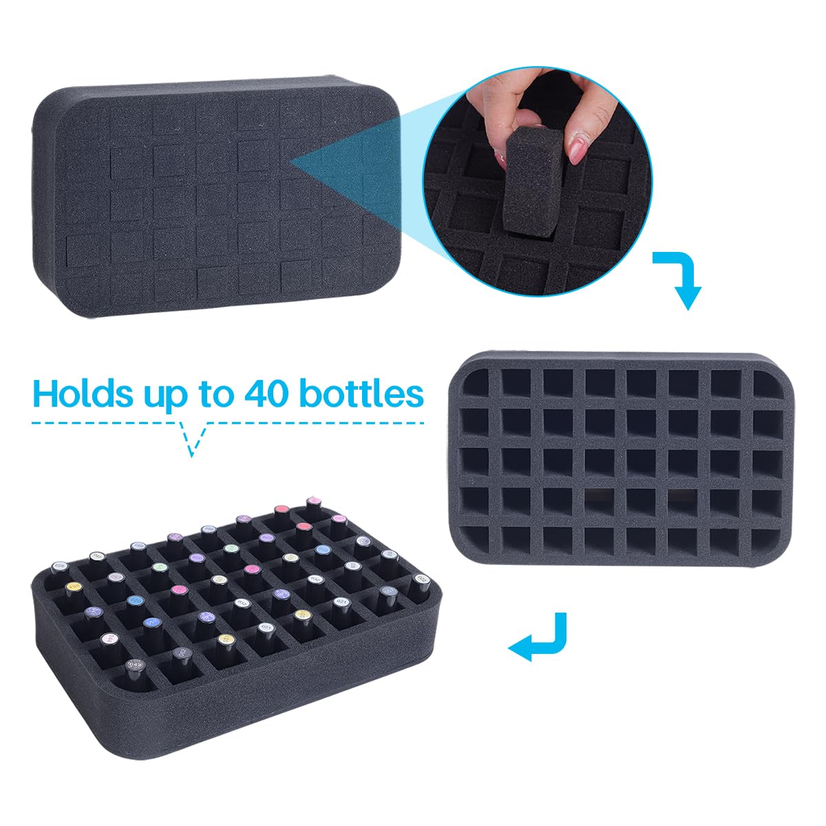 YAHOURWAT Nail Polish Organizer Holder Foam Pad with Slots for Storage 40 Bottles (15ml/0.5fl.oz) Nail Polish or Essential Oil Tray for Drawers Black