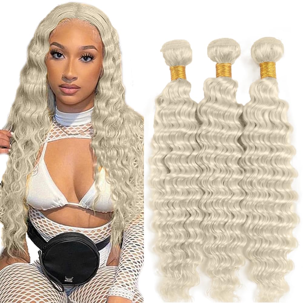 #88 Platinum Blonde Bundles Human Hair Water Wave Bundles 30 32 34 Inch Platinum Blonde Water Wave Bundle Unprocessed Brazilian Virgin Weave Hair 3 Bundle 50 Gram Per Bundle