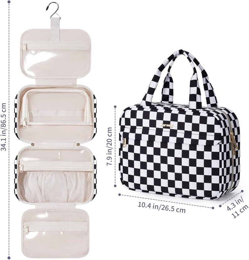 Hanging Toiletry Bag for Women - Checkered Travel Makeup Organizer | Black Checkerboard, Medium Size