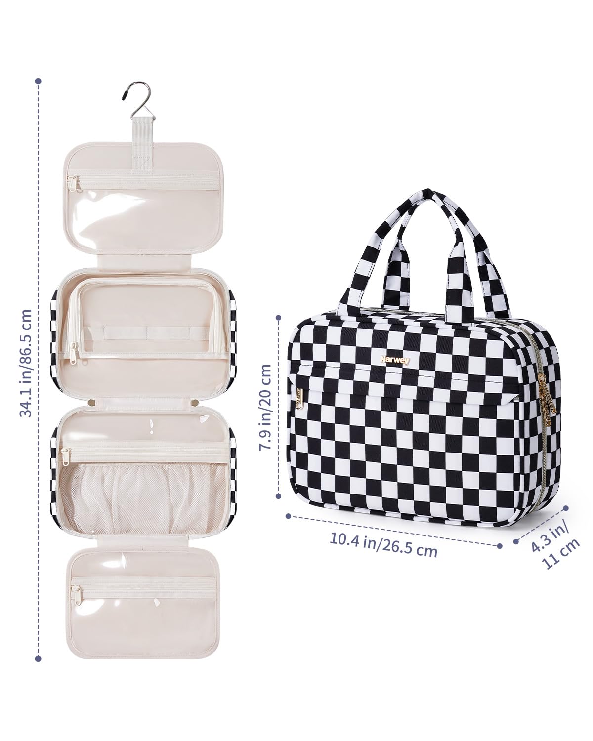 Narwey Hanging Toiletry Bag for Women Checkered Travel Makeup Bag Organizer Cosmetic Make up Toiletries Bag for Travel Essentials Accessories (Black Checkerboard, Medium)