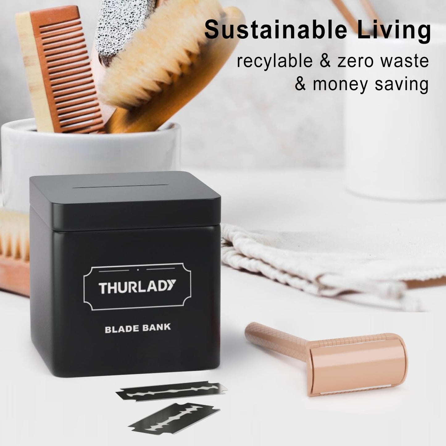 THURLADY Beige Safety Razor, Single Blade Razors for Women, Reusable Metal Razor, with 5 Stainless Steel Double Edge Blades, Smooth Close Shave, Sustainable, Plastic Free