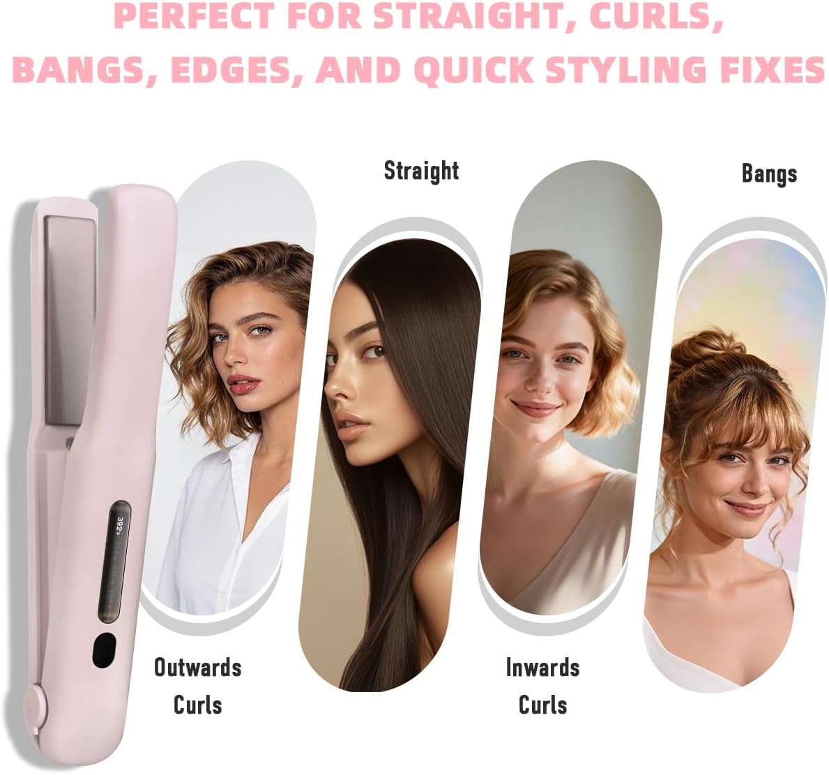 Cordless Hair Straightener - Portable 2-in-1 Mini Flat Iron & Curler | Fast Heating, Adjustable Temp, Pink