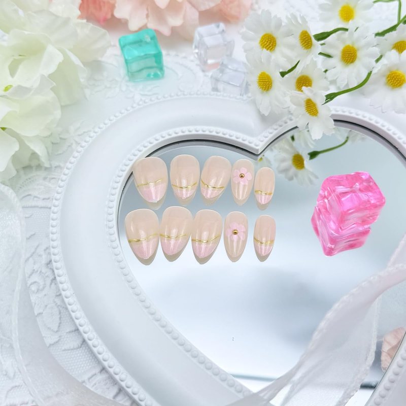 Floral Press-On Nails - 24 Pcs Short Almond French Tip | 3D Flower Designs, Nude Pink, Reusable Acrylic