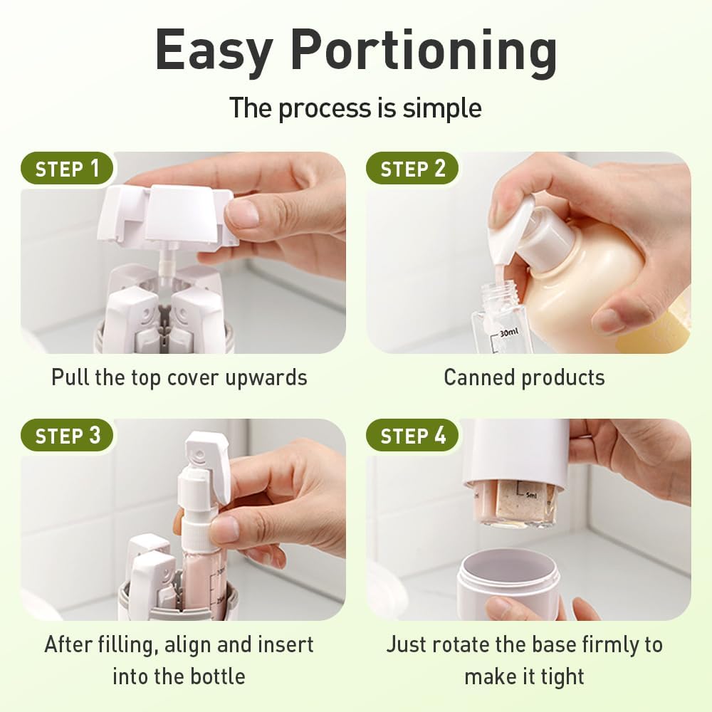 Travel Toiletry Dispenser Set - 4 in 1 Refillable 30ML Travel Bottles for Shampoo & More | Green