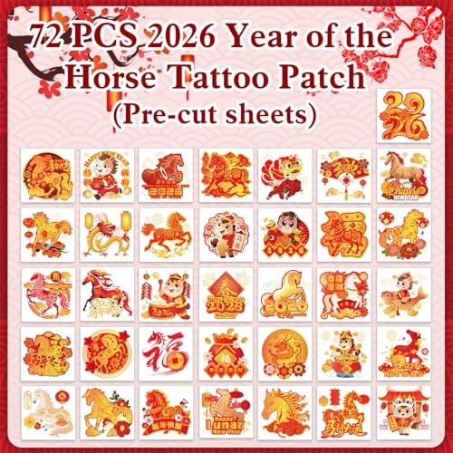 72pcs 2026 Year of the Horse Temporary Tattoos - Lunar New Year Party Favors
