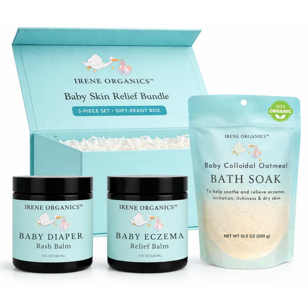 Irene Organics Baby Skincare Complete Routine Bundle – Colloidal Oatmeal Bath Soak, Eczema Relief Balm, Diaper Rash Balm & for Sensitive Skin, Newborns, Infants & Toddlers