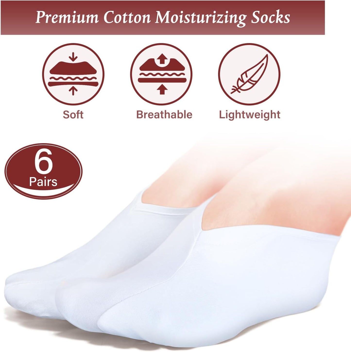 Moisturizing Spa Socks for Dry Feet - 6 Pairs Cotton Cosmetic Socks | Unisex, White