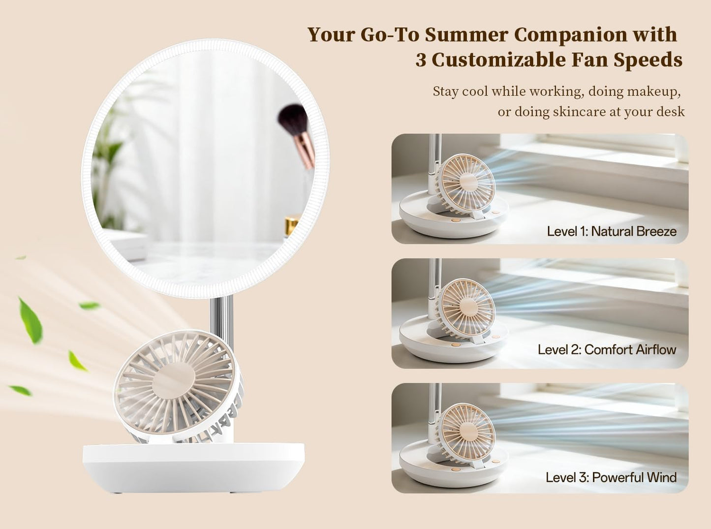 LED Makeup Mirror - 3-in-1 Rechargeable Vanity Mirror with Fan & Ring Light | 3 Color Modes, Stepless Dimming, Portable (White)