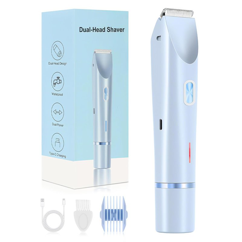 Bikini Trimmer for Women, 2-in-1 Painless Dual Head Shaver Women with Painless Ceramic Blades, Waterproof Electric Razors for Body & Face, Holiday Gift for Her (Blue)