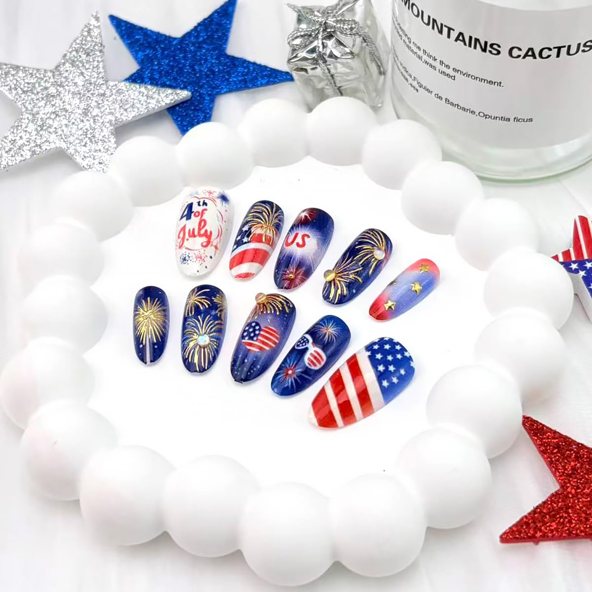 30Pcs 4th of July Press-On Nails - Medium Almond Shape with Fireworks & American Flag Design | Patriotic Artificial Nails for Women