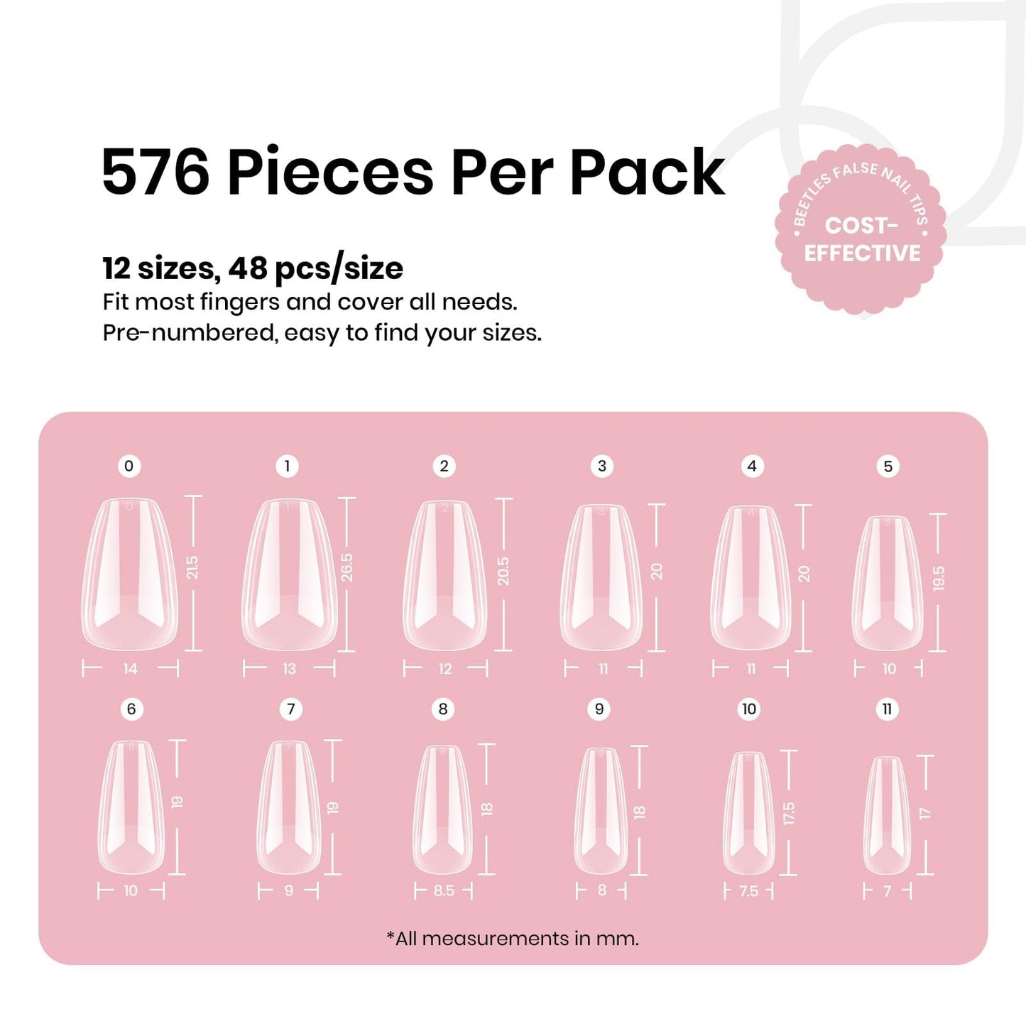 Beetles Gel Nail Tips Short Coffin 576 PCS Half Matte Pre-Shape Fake Nails 12 Sizes Full Cover Acrylic False Nails Extension DIY Manicure Gifts for Women