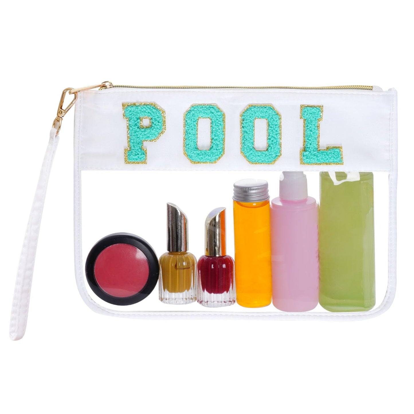 Hmxpls Chenille Letter Bag, Multi-purpose Nylon Clear Makeup Cosmetic Bags Flat Pouches with Zipper for Travel, Gym, Beach (White-Pool)