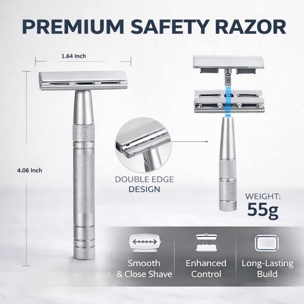Men's Shaving & Grooming Set, Double Edge Safety Razor, Shaving Brush, Razor & Brush Stand,10 Blades, Shaving Bowl, Valentine Gift For Men, Gift for Fathers/Dads (Silver)