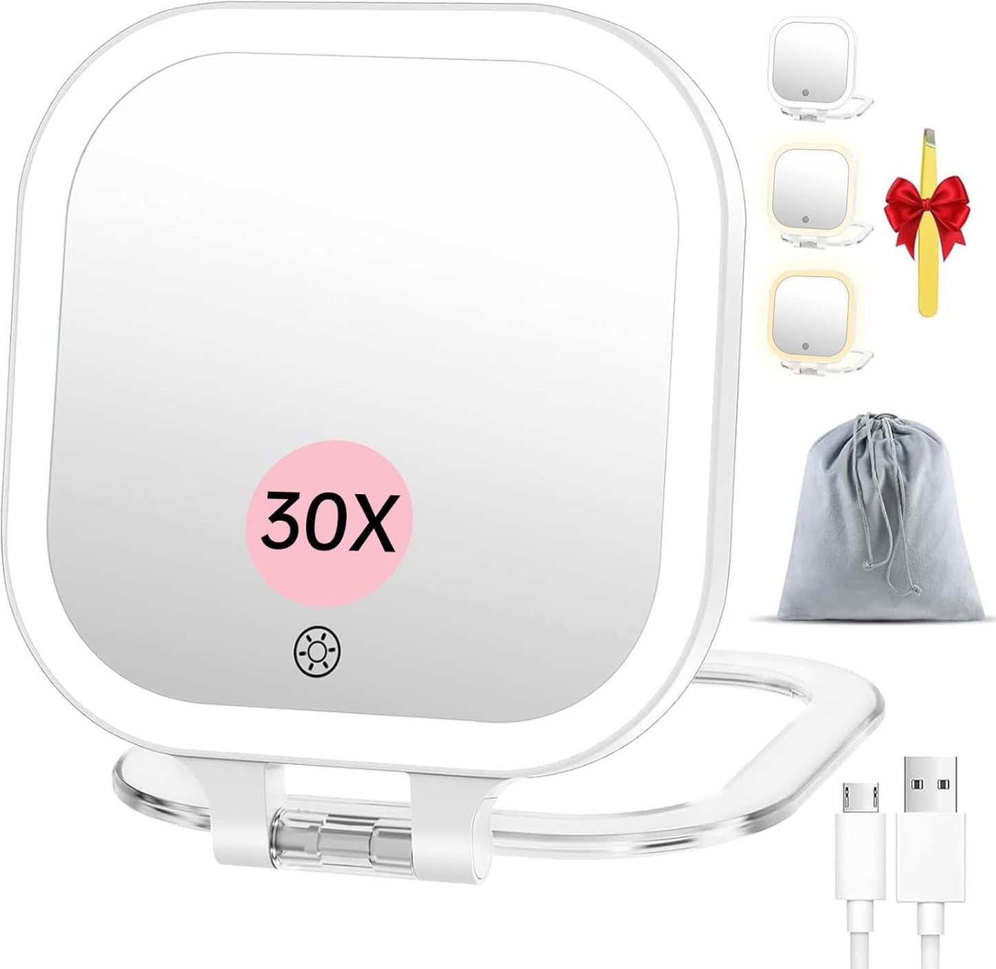 Rechargeable Travel Makeup Mirror - 30X Magnification, 7" Lighted Vanity Mirror with 3 Color Lighting & Dimming | Black