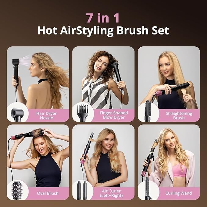 7 in 1 Blow Dryer Brush - Fast Hair Dryer & Curling Styler | No Heat Damage, Versatile Hot Air Tool