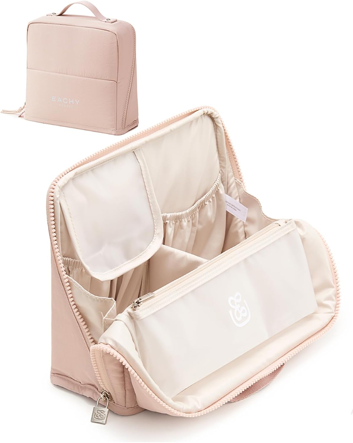 Large Waterproof Makeup Bag - EACHY Cosmetic Organizer with Phone Holder & Detachable Dividers | Wipe-Clean Brush Pouch for Women