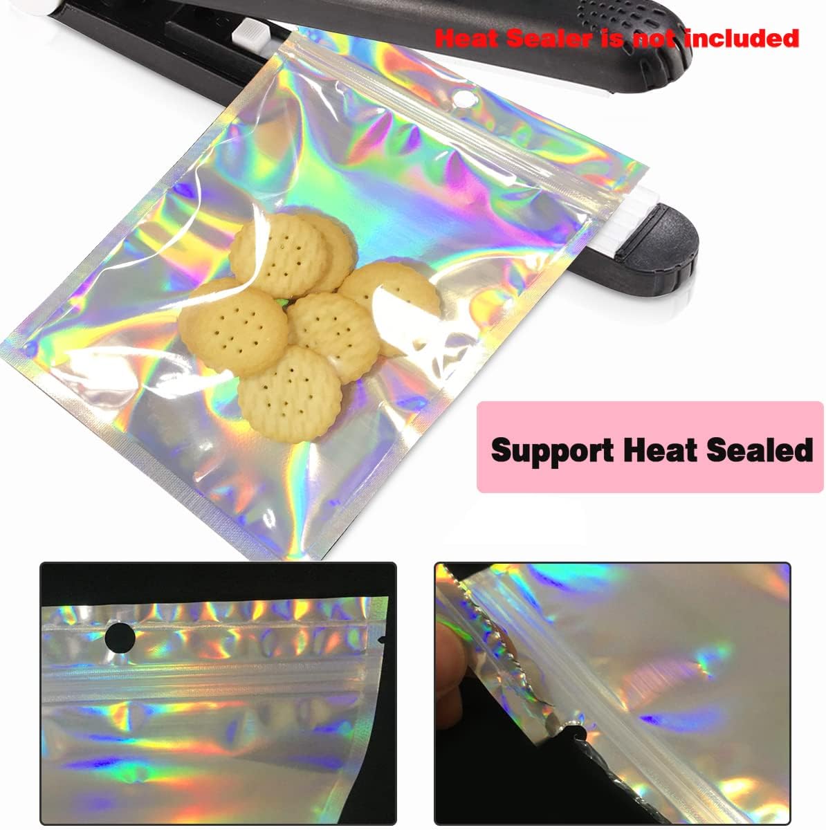 Trunple Smell Proof Bags - Resealable Mylar Foil Pouches for Food Storage | Holographic Color, 50 Pcs, 5.5x8 Inch