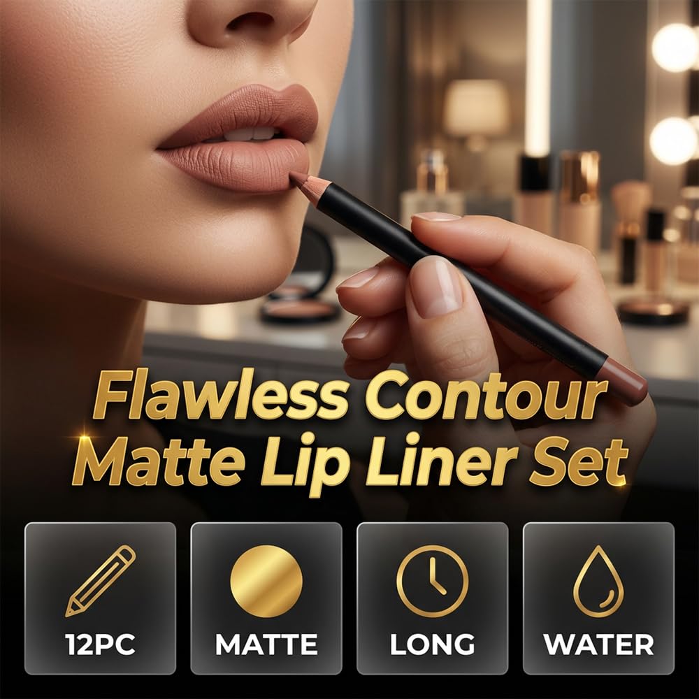 Matte Lip Liner Set - 12 Colors Waterproof Long-Lasting Pigmented Pencils | Easy Application for Defined Lips