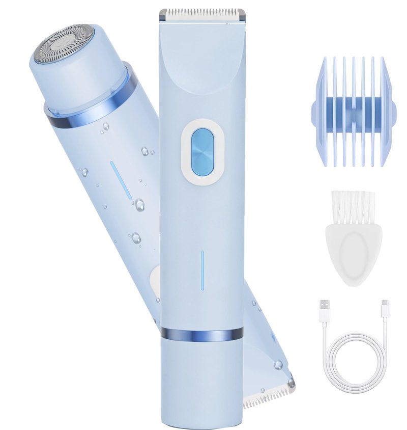 Electric Shaver for Women, 2-in-1 Electric Razor for Womens Legs Underarm Face Pubic Hairs, Rechargeable Razor Body Hair Trimmer Wet & Dry Use,Light Blue