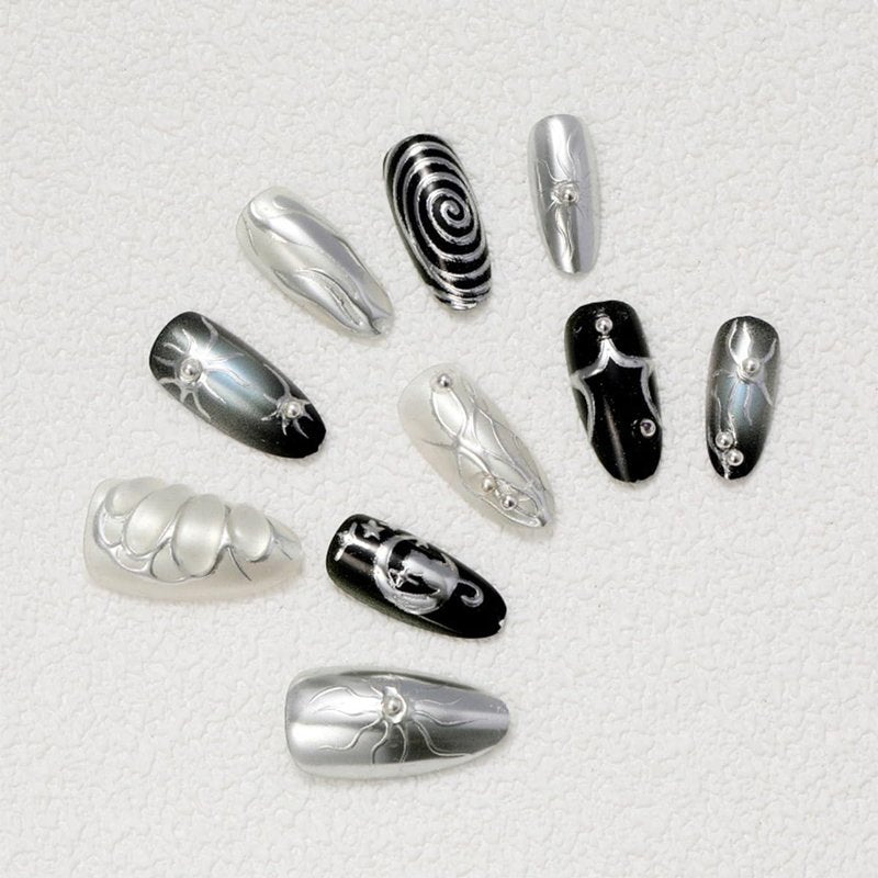 Gothic Press-On Nails - 30Pcs Medium Almond Black & Silver Chrome with 3D Rhinestones | Y2K Dark Punk Acrylic Design