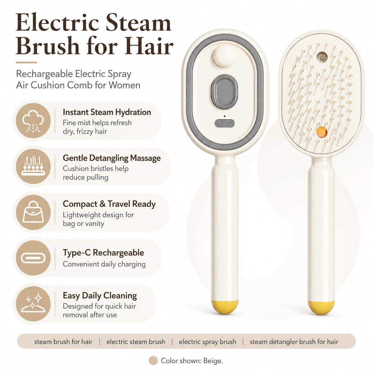 2026 New Electric Spray Air Cushion Massage Comb, Rechargeable Electric Steam Brush for Hair, Frizz-Free Mist Hair Brush Electric for Busy Commuters & Quick Styling Before Dates (Beige)
