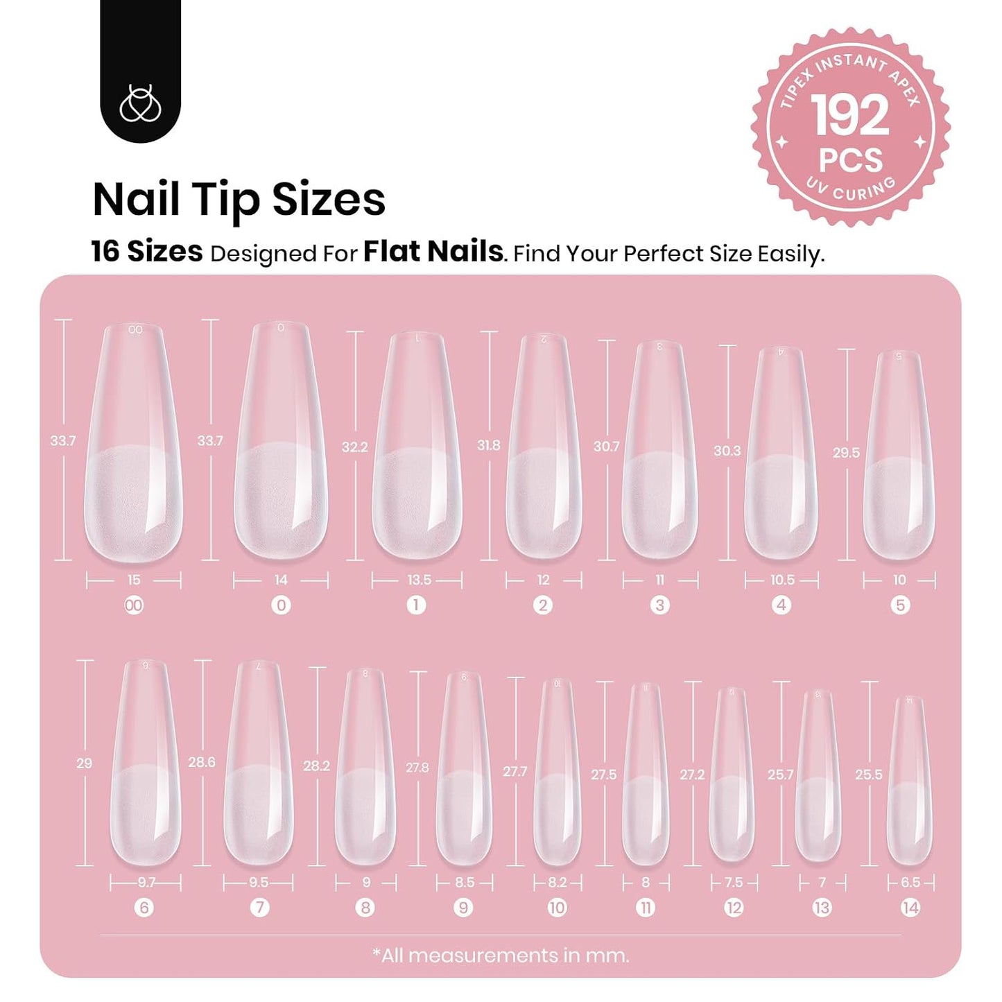 Apex Nail Tips - Long Coffin Shape, 192pcs in 16 Sizes 00-14 | Thicker Acrylic for DIY Salon Extensions