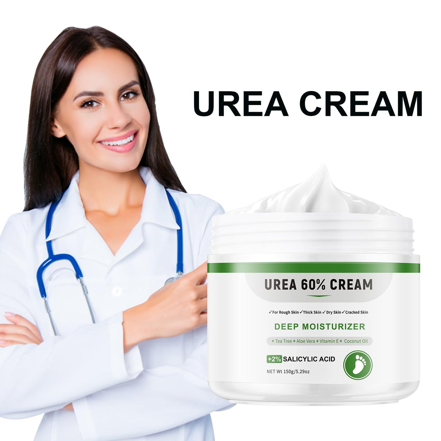 YAFUSIPE Urea Cream 60 Percent For Feet Maximum Strength Plus Salicylic Acid 2%, Tea Tree Foot Lotion For Dry Feet, Foot Cream Intensive Repair Foot Moisturizer 5.29oz
