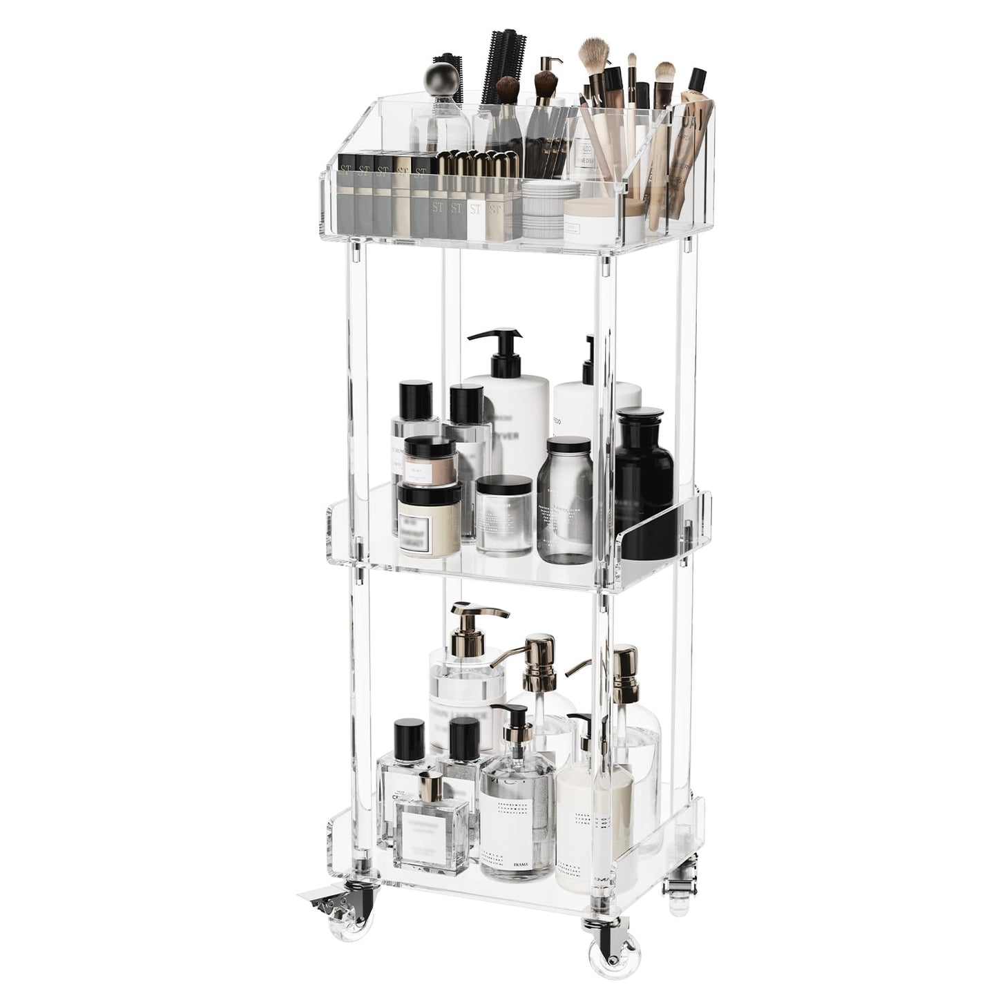 Aquiver Acrylic Makeup Organizer Storage Cart - 3 Tier Rolling Makeup Cart Vanity Organizer - Cosmetics Display Cases Holder for Skincare Cosmetics, 11.8'' L x 9.8'' W x 31.7'' H, Clear